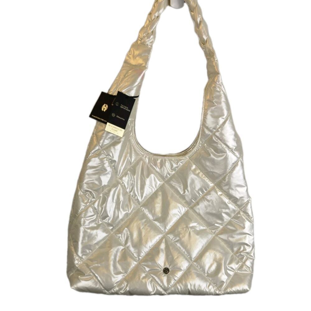 HOUSE OF HARLOW 1960 WHITE PEARL QUILTED PUFFER HOBO SET NEW Scrunchie Coin Prs